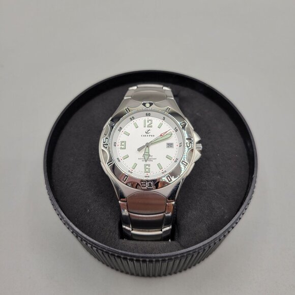 Calypso Stainless Steel Mens Diver Watch 50M Water Resistant White Dial Extra Li - Picture 1 of 7